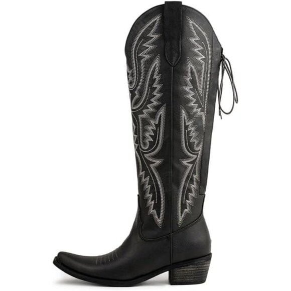 ⚡Women's Black Knee High Wide Calf Lace Up Embroidered Cowgirl Boots Pull On - Picture 1 of 7